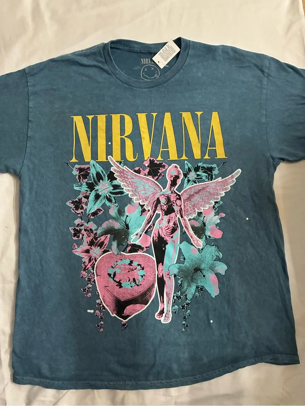NIRVANA Blue Kids' Graphic Tee with Yellow Logo & Pink Teal Artwork